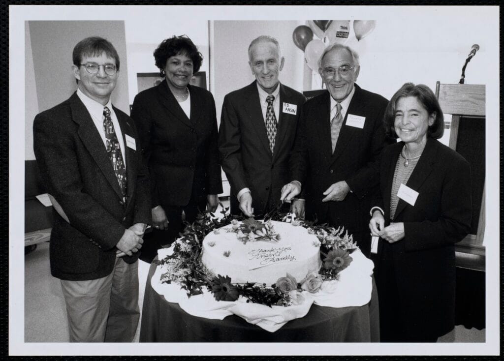 En Ansin, center, with CEO Linda Whitlock on his immediate left, and Myra Kraft, far right. Myra Kraft was chairperson of the board of directors of the Boys and Girls Clubs of Boston when I wrote to former CEO Frances K. Moseley.