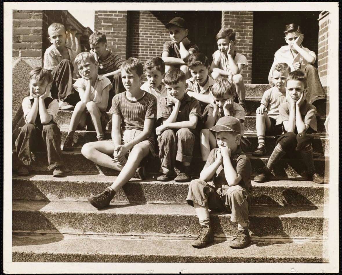 Boys assembled on the steps of the Charlestown Boys Club